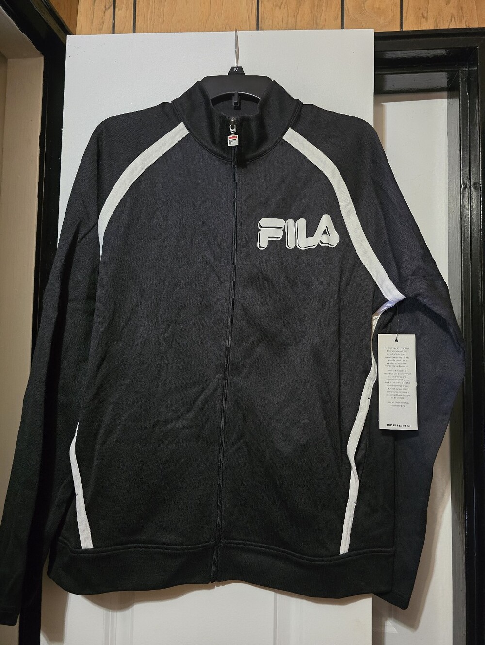 Fila Essential Men's Black Track-Style Jacket w White Logo & Accents -Size Large